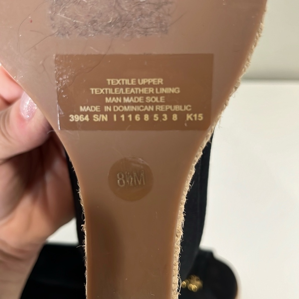 Tory Burch Black Canvas Wedge Espadrille Peep-Toe Pumps with Logo Bow - Picture 12 of 12